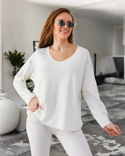 Royalfashion moterų plonas viskozės megztinis su deimantais ant pečių