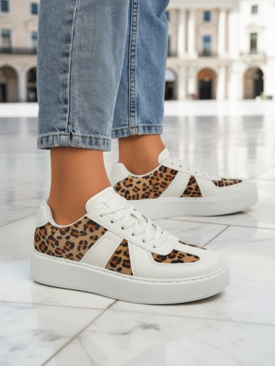 Calista Leopardia Women's Sneakers – White Eco-Leather Fabric Spring 4cm