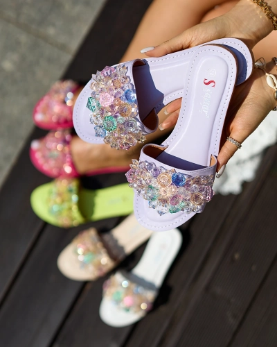 Royalfashion Фиолетовые женские шлепанцы с разноцветными кристаллами Bling Breeze