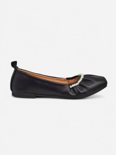 Callisto Nero Balerinas - Black eco-leather balerinas with pearls, flat heel
