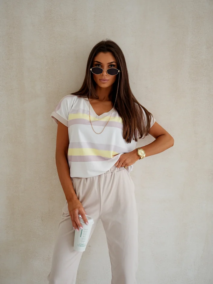 Royalfashion Женский комплект вельветового стиля с полосатым свитшотом с коротким рукавом