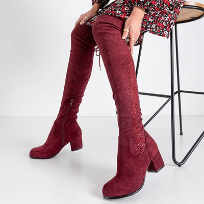 Женские ботфорты бордового цвета с фианитом Scarlett - Обувь
