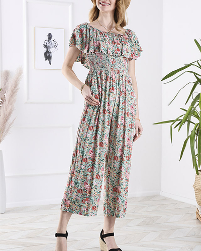 Зелено-розовый длинный женский комбинезон с цветочным узором - Одежда