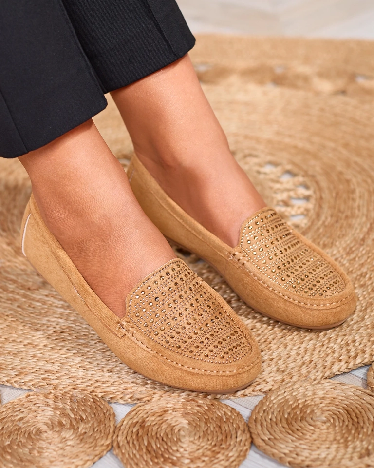 Светло-коричневые женские мокасины с цирконами Bretika - Обувь