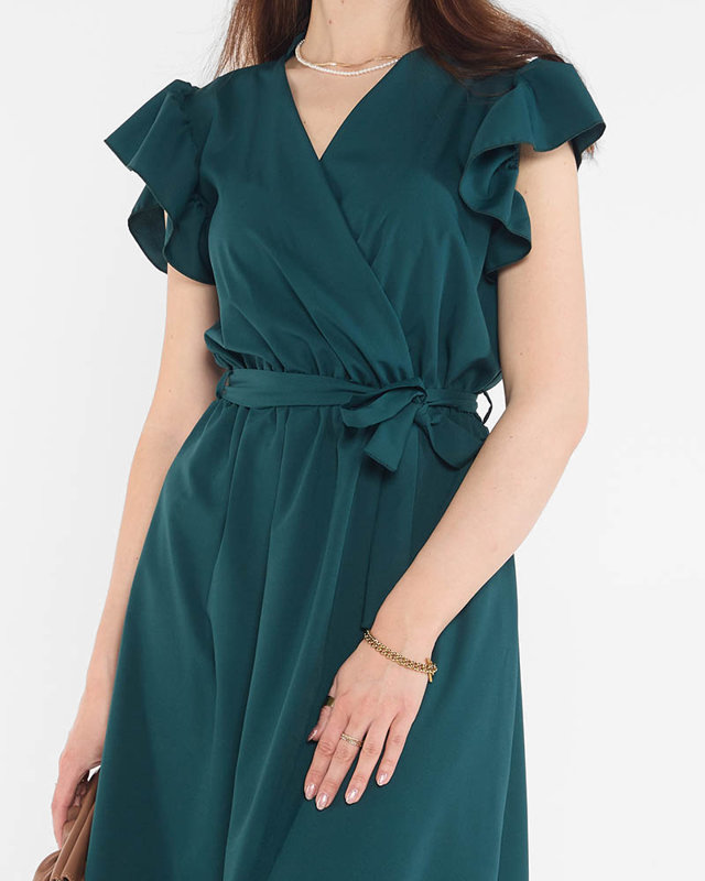 Tamsiai žalia moteriška mini suknelė su kaklaraiščiu - Drabužiai