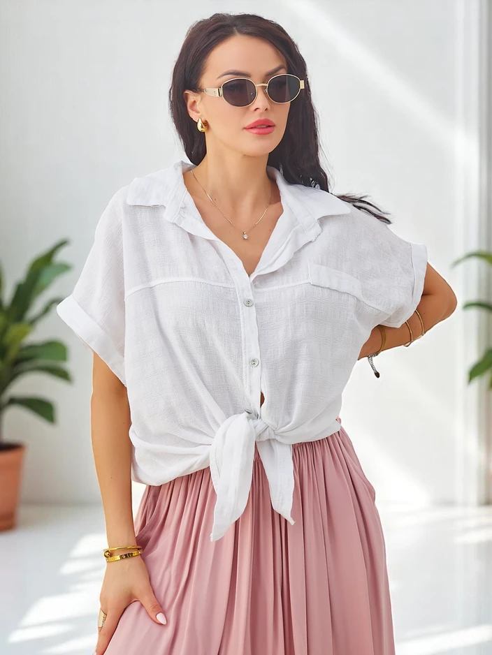 Женская хлопковая рубашка Royalfashion с тиснением и короткими рукавами