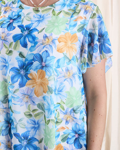 Mėlyna moteriška suknelė iki kelių su raštu ir raukiniais- Drabužiai