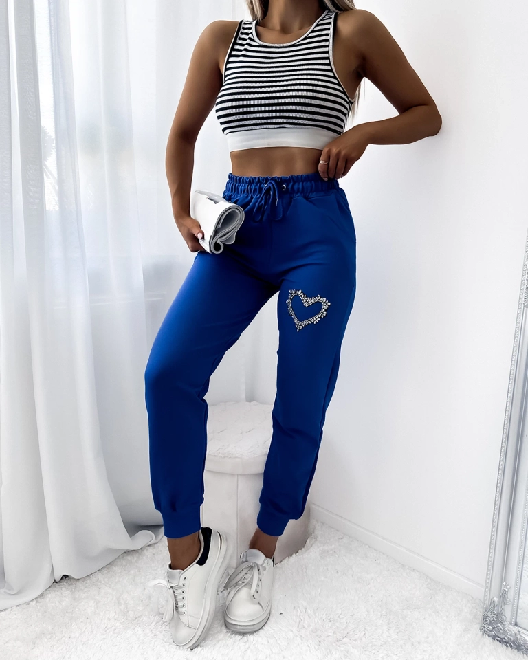 Moteriškos mėlynos sportinės kelnės su cirkonių papuošimais - Apranga