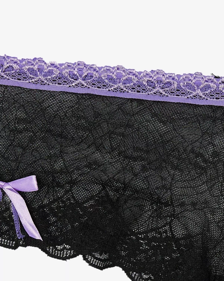 Juodos nėriniuotos moteriškos kelnaitės su violetiniais lankeliais - Apatinis trikotažas