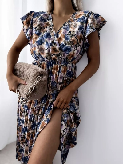 Violetinė moteriška gėlėta suknelė iki kelių - Apranga