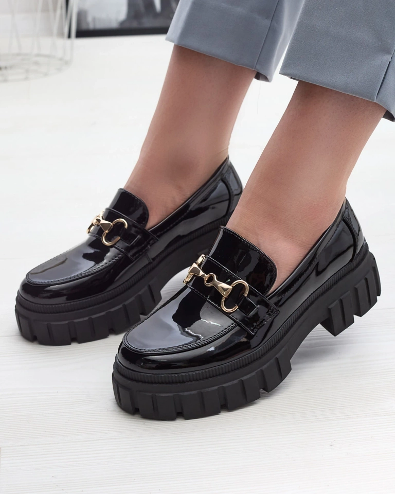 Женские черные лакированные мокасины на сплошной подошве Ferika - Обувь