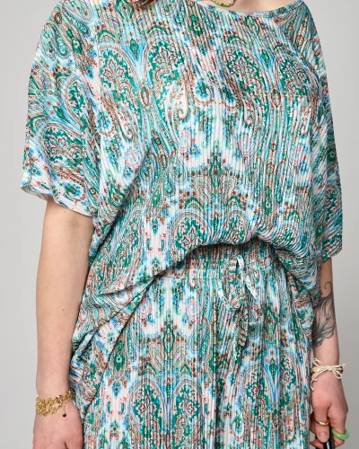 Зелено-белый ребристый женский комплект с принтом - Одежда