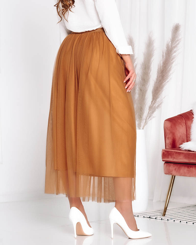 Šviesiai rudas moteriškas dvisluoksnis midi ilgio sijonas Drabužiai