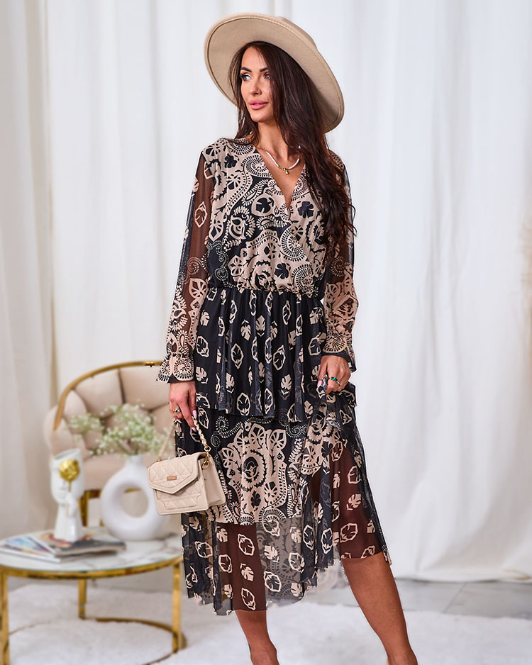 Royalfashion Черно-бежевое платье-миди из сетки с принтом