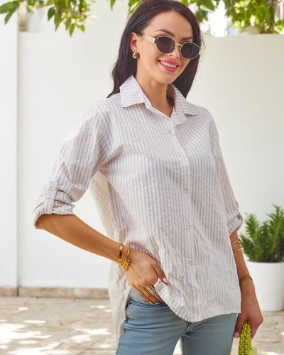 Royalfashion Moteriškas medvilninės dryžuotos marškiniai su mazgu apačioje