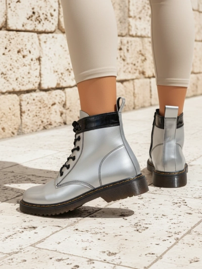 Celestina Eco Patent Leather Silver Ankle Boots with Zipper