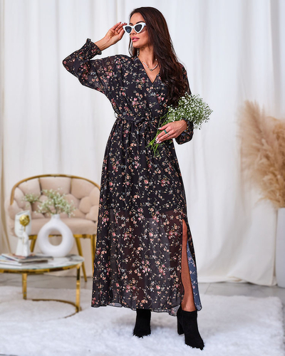 Royalfashion Juoda ir rožinė tinklinė midi suknelė su raštu