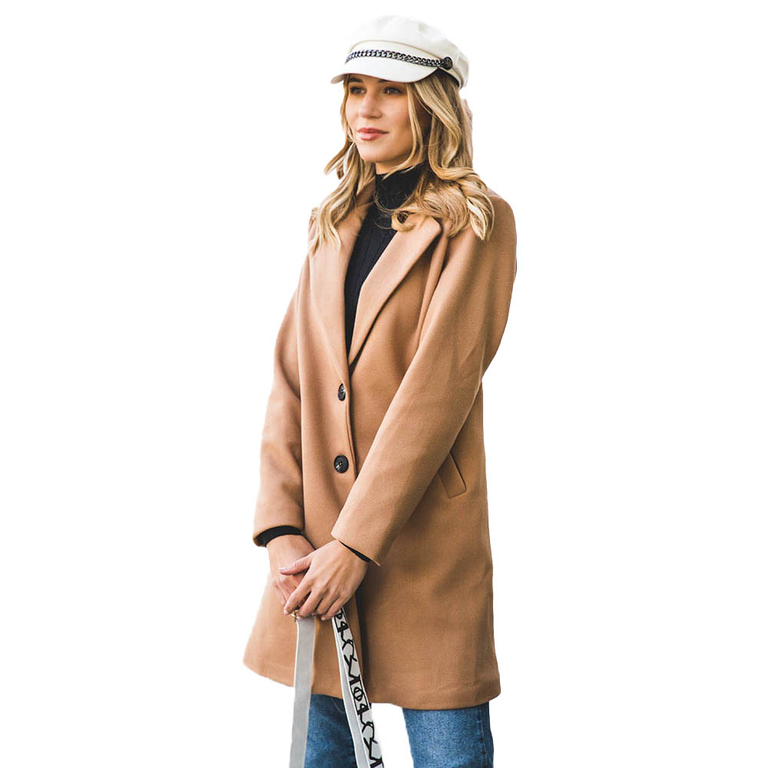 Женское пальто длиной до колен светло-коричневого цвета- Одежда