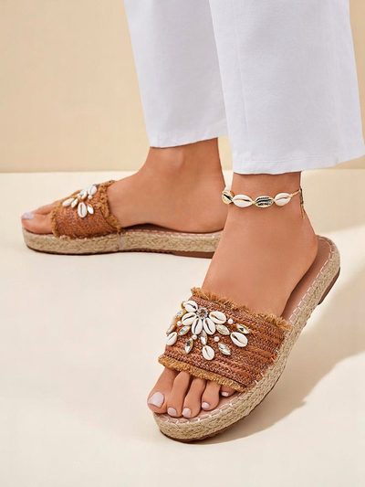 Royalfashion Callista Boho Camel Flat Platform Shell Sandals