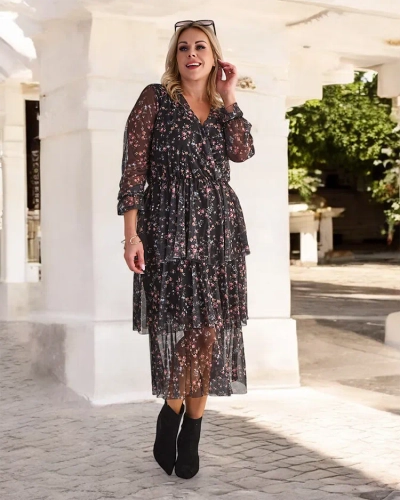 Royalfashion Juoda ir rožinė tinklinė midi suknelė su raštu