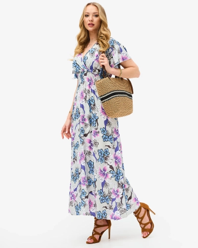Женское светло-серое платье-миди с цветочным узором - Одежда