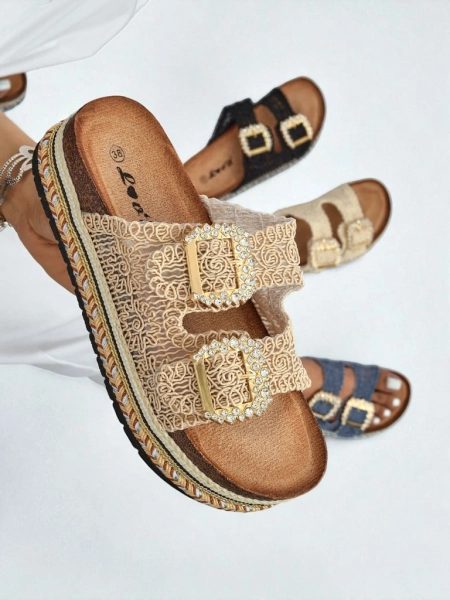 Royalfashion moteriškos basutės su kalnų krištolo sagtimis GlamCork