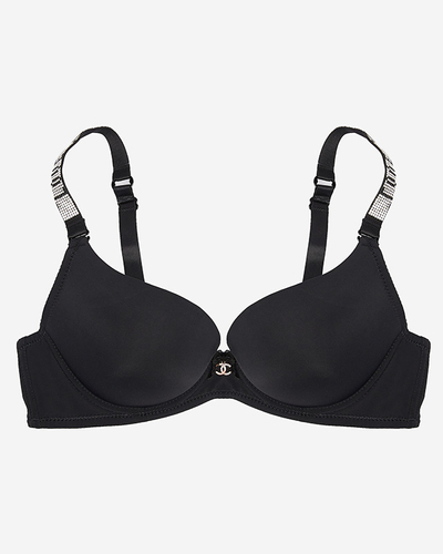 Черный однотонный бюстгальтер с декорированными бретелями - Нижнее белье