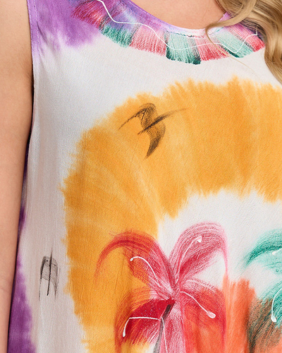 Женская фиолетовая пляжная накидка плательного типа с ярким принтом - Одежда