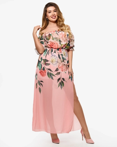 Светло-розовое женское длинное платье с цветочной подкладкой - Одежда