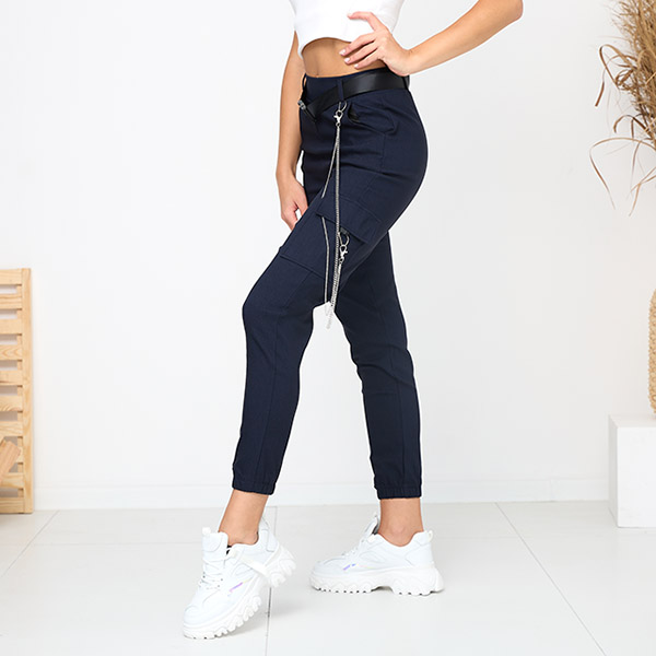 Темно-синие утепленные брюки-карго с карманами - Одежда