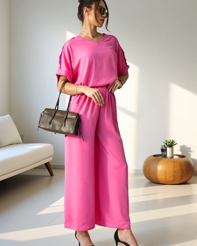 Royalfashion Женский Casual комплект из блузки с коротким рукавом и широких брюк