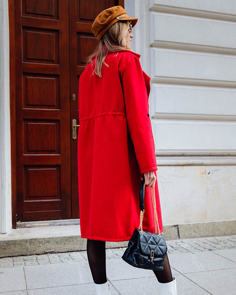 Женское длинное пальто без застежек красного цвета - Одежда