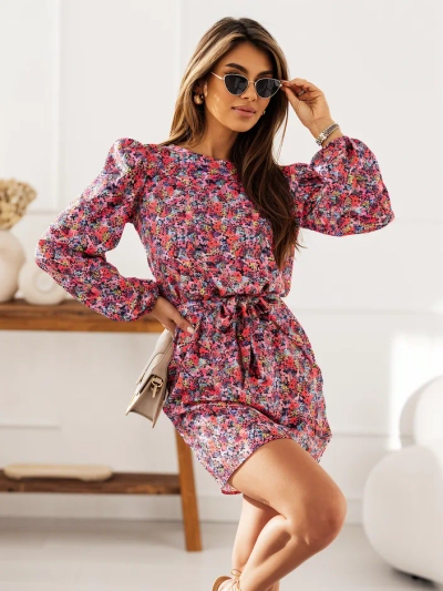 Royalfashion Цветочное мини-платье для женщин с рукавами-латками и поясом