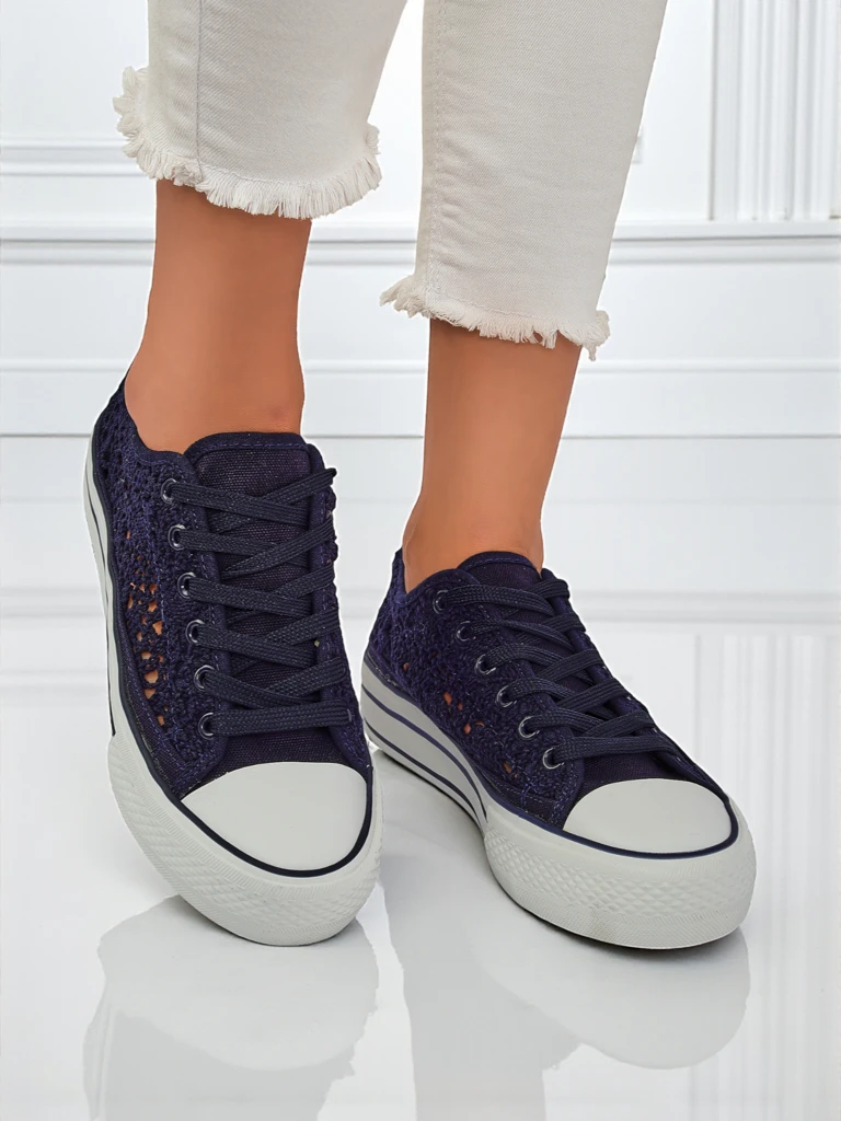 Aureliana Navy 镂空 Fabric Flat-Soled Kicks