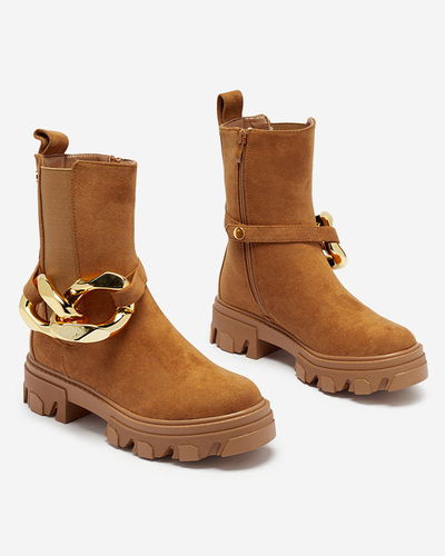 OUTLET Moteriški aukštakulniai su auksine grandinėle, kupranugario spalvos Elrudi - Avalynė