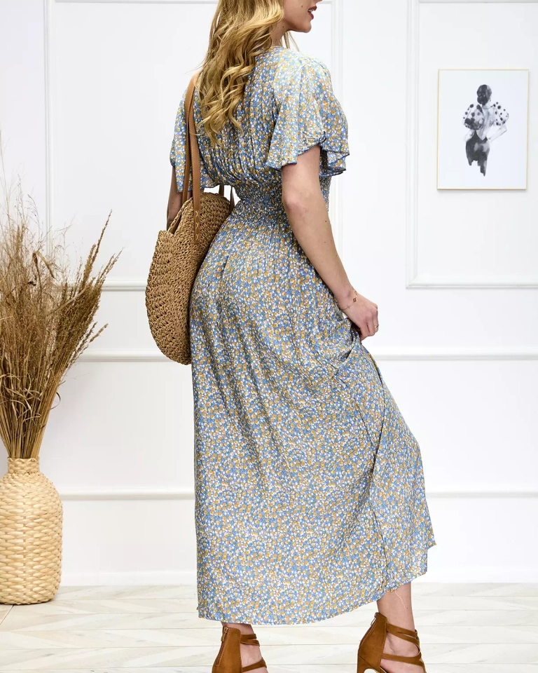 Mėlyna moteriška ilga suknelė su gėlių raštu - Apranga