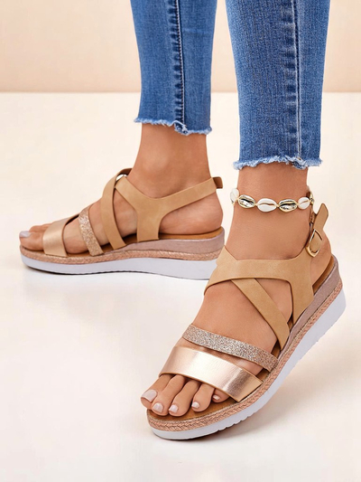 Sandały damskie koturny Callista Royalfashion jasny brązowy lato skóra