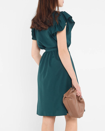 Tamsiai žalia moteriška mini suknelė su kaklaraiščiu - Drabužiai