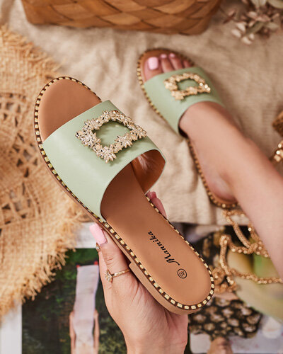 Žalios elegantiškos moteriškos šlepetės su aukso ornamentu Meriso - Avalynė