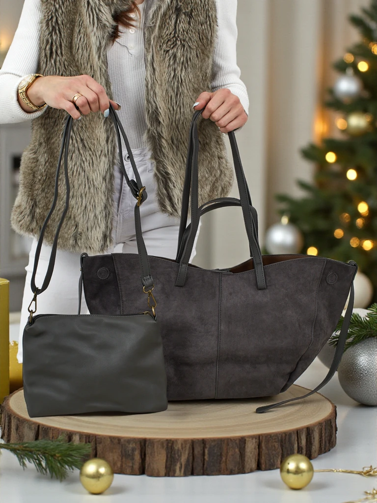 Женская сумка-шоппер из экозамши с маленькой сумочкой из экокожи в комплекте 2в1 Elinea