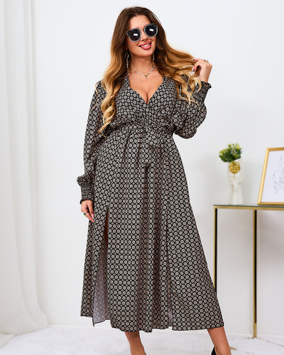 Royalfashion Бежево-черное узорчатое женское платье-макси