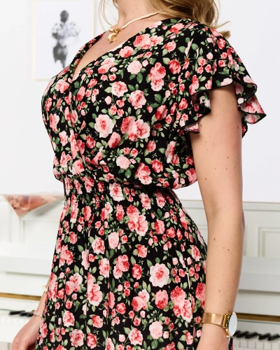 Juodai rožinė trumpa moteriška suknelė su gėlių raštais - Apranga
