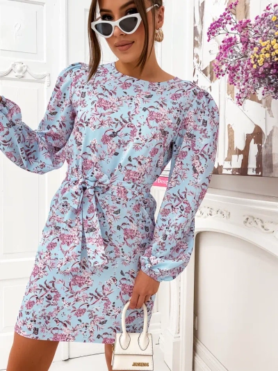 Royalfashion Цветочное мини-платье для женщин с рукавами-пуфф и поясом