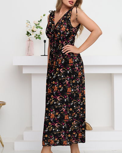 Женское черное длинное платье с цветочным принтом - Одежда