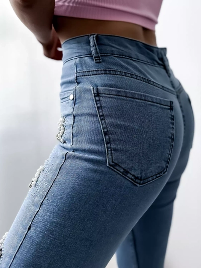 Mėlyni moteriški 3/4 džinsiniai šortai su cirkonais - Apranga