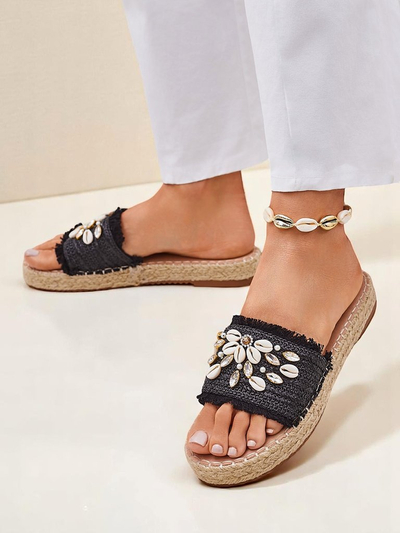 Royalfashion Helena Decor Women's Sandals Black Espadrille with Shells
