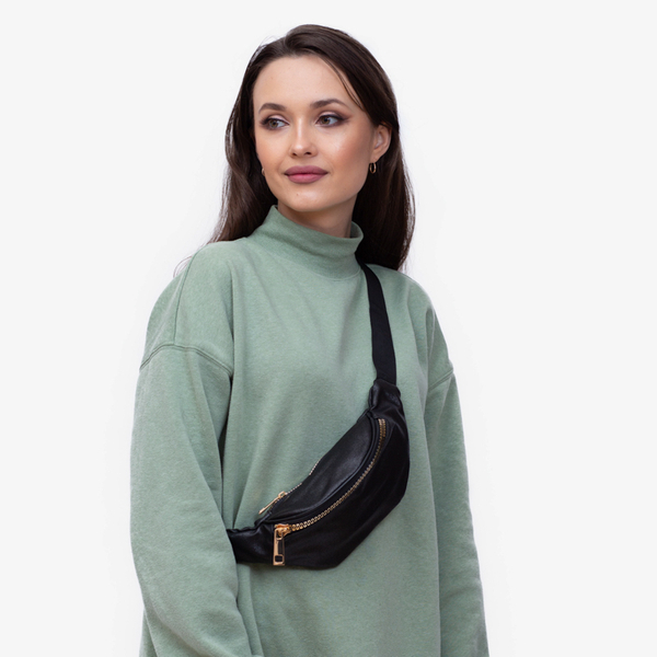 Moteriška juodo brokato juosmens rankinė su auksiniu užtrauktuku - Priedai