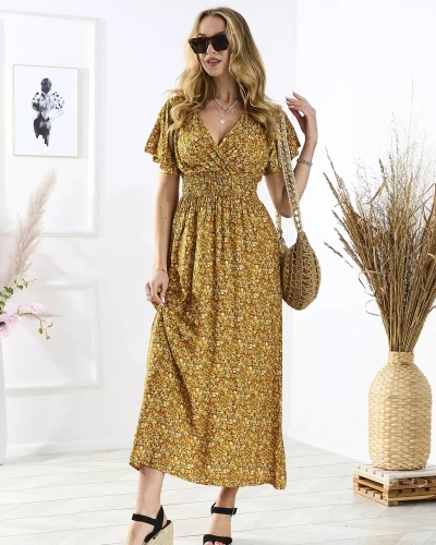 Желтое женское платье-миди в мелкие цветы - Одежда