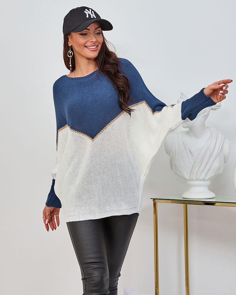 "Royalfashion" Moteriškas tamsiai mėlynos ir kreminės spalvos megztinis