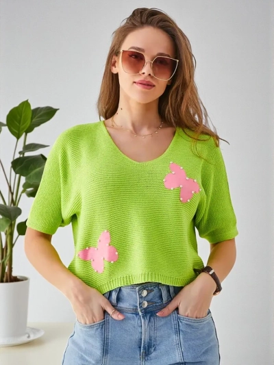 Royalfashion Moteriškas medvilninis trumpas megztinis su drugeliais